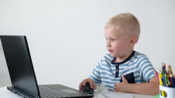 Schattige kleine jongen zitten aan de tafel en spelen of werken op een computer. Kind van de basisschool. Onderwijsconcept. Terug naar school. — Stockvideo