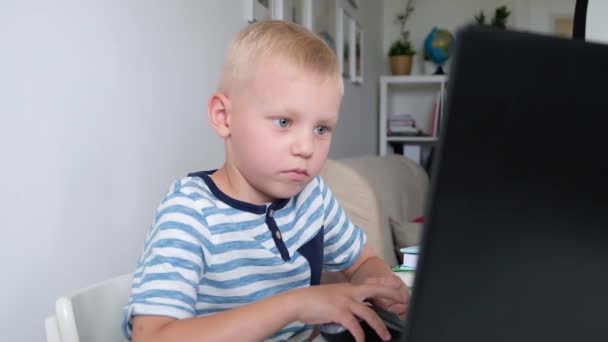 Милий маленький хлопчик сидить за столом і грає або працює на комп'ютері. Дитина з початкової школи. Концепція освіти. Назад до школи . — стокове відео