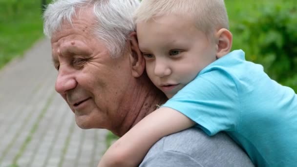 Bambino bambino che abbraccia suo nonno, uomo maturo, seduto nel parco fuori — Video Stock