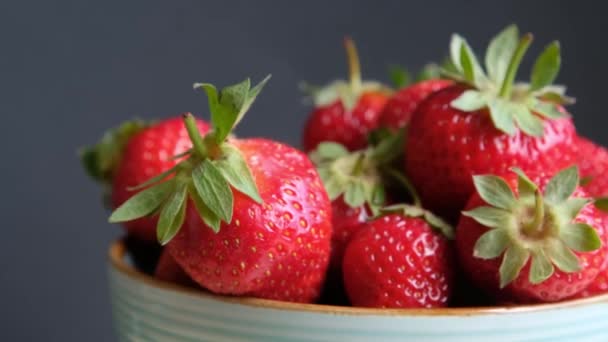 新鲜的有机草莓在碗里旋转.近距离，慢动作，黑暗背景 — 图库视频影像