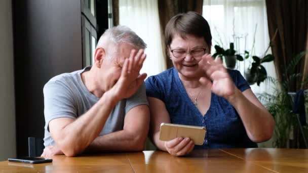 Heureux couple âgé âgé tenir téléphone intelligent et parler via appel vocal, en regardant la caméra web — Video