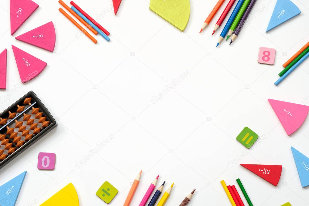 Back to school white background with place for text. Mathematics education equipment tools. Study concept.