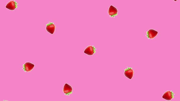 Loopable modern pink geometric backgroud with moving spinning strawberries — Stock Video