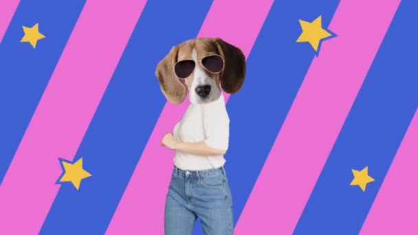 带着狗的女人头在跳舞创造性的当代艺术 — 图库视频影像