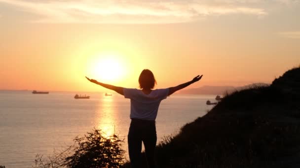 Vrouw silhouet verspreidt armen aan de kust, zonsondergang tijd. Vrijheid gelukkig concept — Stockvideo