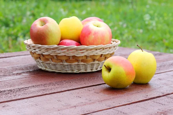 Manzanas Frescas Sobre Mesa Jardín — Foto de Stock