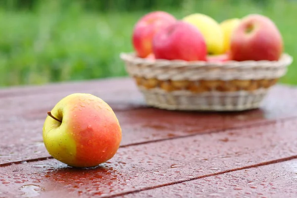 Manzanas Frescas Sobre Mesa Jardín — Foto de Stock