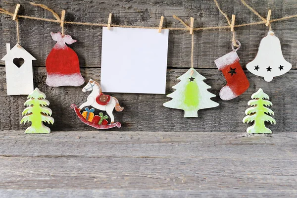 Luminose Decorazioni Natalizie Capodanno Legno Sullo Sfondo Legno — Foto Stock