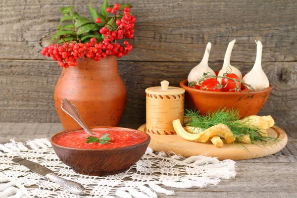 Bowl Spicy Sauce Made Fresh Tomatoes Horseradish Garlic — Stock Photo, Image