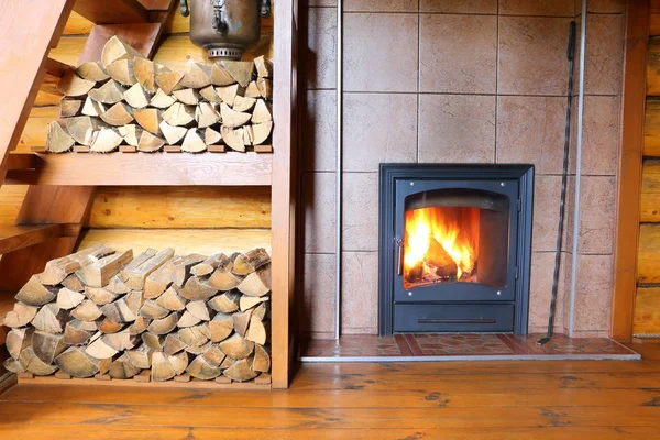 Wood Stove Firewood Rural Wooden House Part Room Interior Rural — Stock Photo, Image