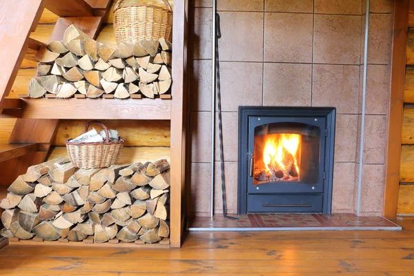 Poêle Bois Bois Chauffage Dans Une Maison Rurale Bois Une — Photo