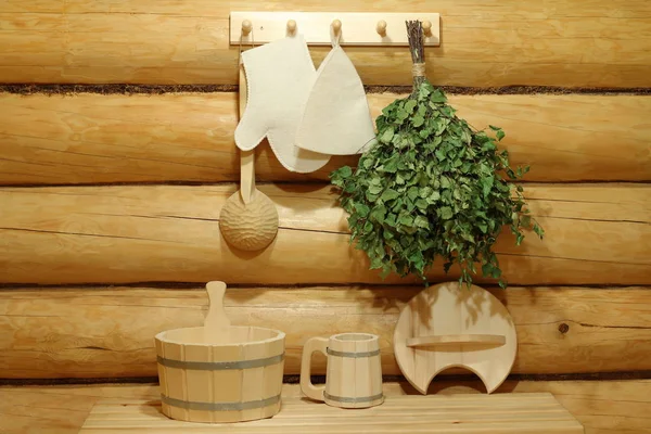 Die Traditionellen Sauna Und Badeaccessoires Inneren Der Sauna — Stockfoto