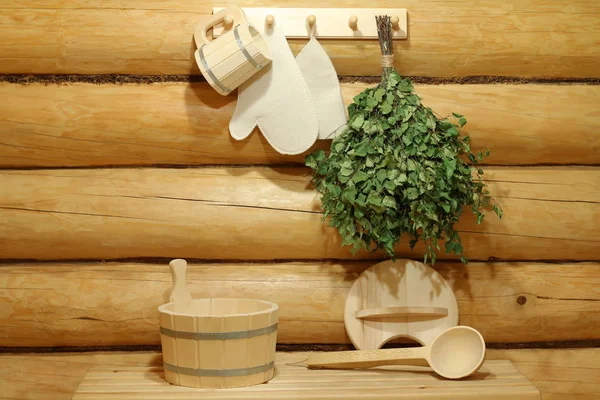 Die Traditionellen Sauna Und Badeaccessoires Inneren Der Sauna — Stockfoto