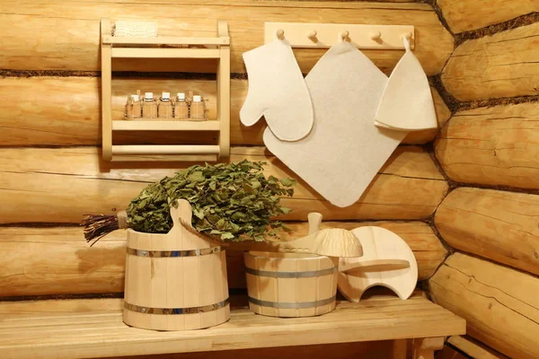 Sauna accessories in the interior of the Russian bath.