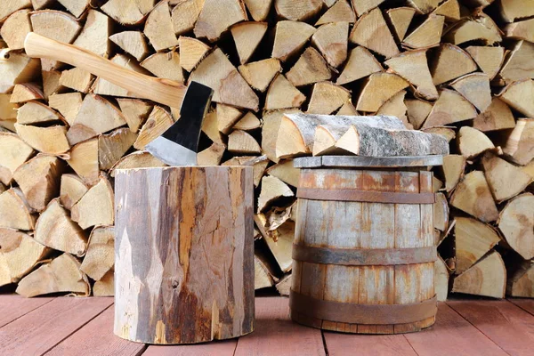 Iron Axe Shed Stack Birch Firewood — Stock Photo, Image