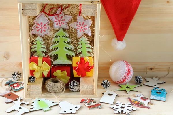 Ainda Vida Natal Brilhante Decorações Ano Novo Caixa Composição Natal — Fotografia de Stock