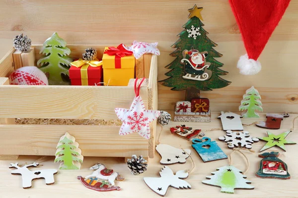 Still Life Bright Christmas New Year Decorations Crate Composition Bright — Stock Photo, Image
