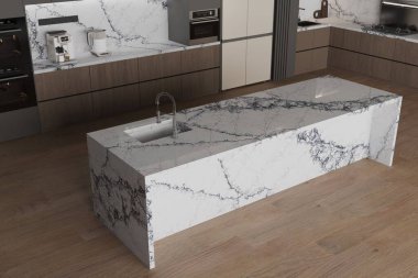 Stüdyo daire, mutfak ve yemek odası, çift fırın ve buzdolabı, beyaz seramik tezgah, ek depo için gri raflar, ahşap zemin. 3 Boyutlu Çizimler. 3B Hazırlama