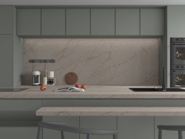 Mutfak manzarası sıcak gri mermer döşeme, birinci sınıf kuvars mutfak tezgahı, ahşap yemek masası ve sandalyeler, gerekli mutfak gereçleri. Modelleme. 3B Hazırlama 