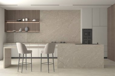 Lüks bej renkli modern mutfak, beyaz ve ahşap depolama üniteleri, çekmeceler çekildi, çift siyah fırınlar, ahşap mutfak tezgahı. Ön manzara. Modelleme. 3B Hazırlama