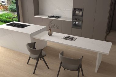 Klasik mutfak, ahşap zemin, minimal iç tasarım. Aksesuarlı modern mobilyalar. Modelleme. 3B Hazırlama