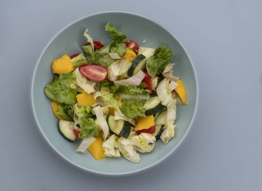 Marullu, salatalıklı, kiraz domatesli ve mavi kaseli renkli salata. Sağlıklı vejetaryen yemeği, organik taze sebzeler, beslenme konsepti, yakın çekim yüksek çözünürlüklü fotoğraf..