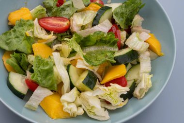 Marullu, salatalıklı, kiraz domatesli ve mavi kaseli renkli salata. Sağlıklı vejetaryen yemeği, organik taze sebzeler, beslenme konsepti, yakın çekim yüksek çözünürlüklü fotoğraf..