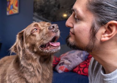 Sevecen köpek ve evdeki sahibi. Sonsuza dek arkadaşız. Sevgi dolu köpek. 