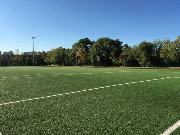 Okul stadyumu. Beyaz lekeli yeşil çimen futbol sahası.