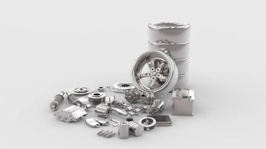 Araba parçaları. Disk fren, RIM, İngiliz anahtarı ve süspansiyon. 3D render.