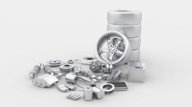 Araba parçaları. Disk fren, RIM, İngiliz anahtarı ve süspansiyon. 3D render.