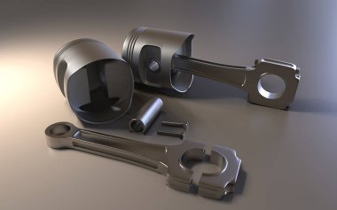 Pistonlar üzerinde arka plan. Araba parçaları. 3D render.