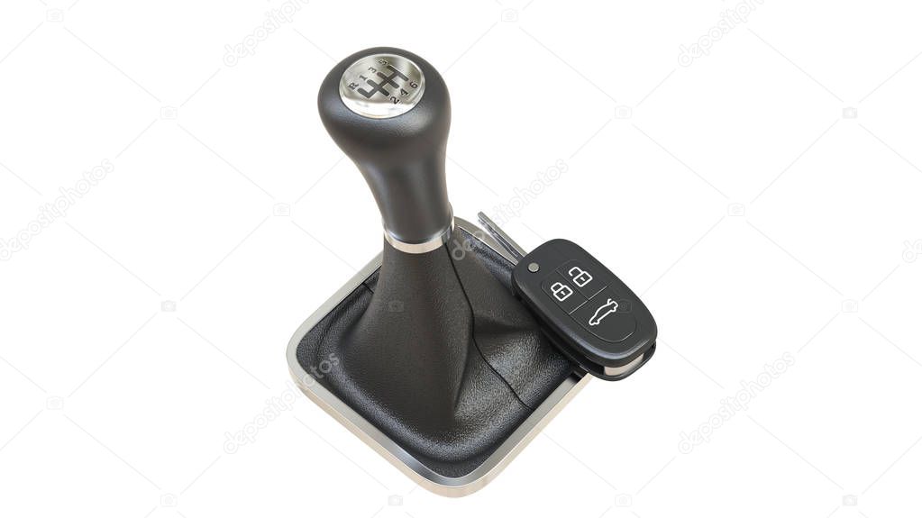 Car shiffter with car key. 3D rendering.