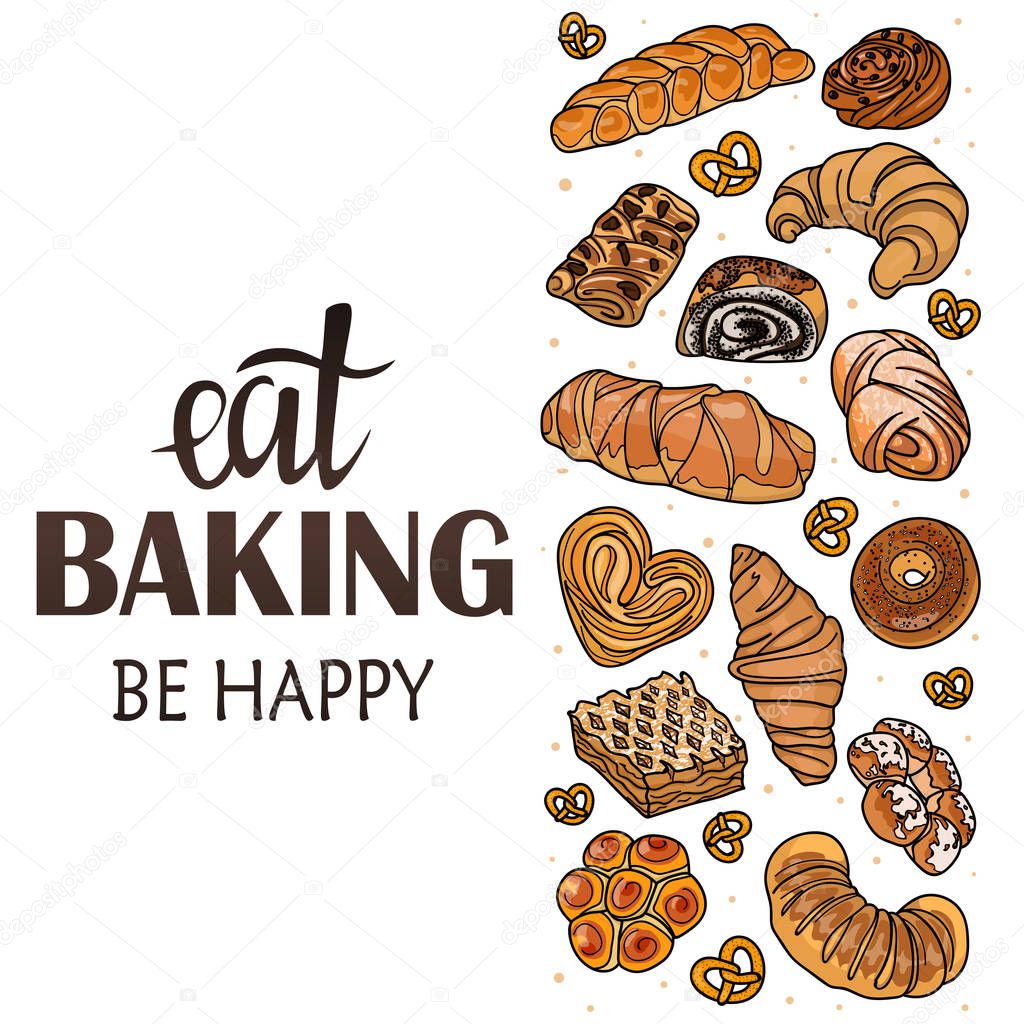 Decor for a shop or cafe with pastries, bread, baking. Bakery store, bread house, handwritten illustration with lettering. Signboard, vector