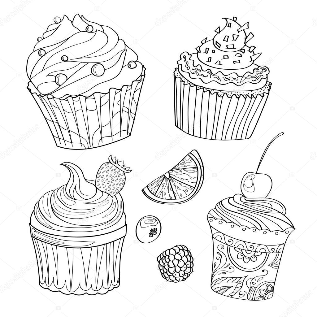 Coloring with cakes. Cake outline. Coloring book, page. Vector