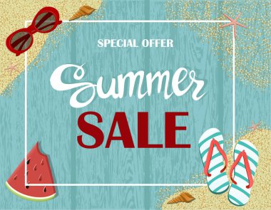 Yaz satış afiş, tabela, dekor deposu için. Üstten görünüm, arka plan, vektör. Özel indirim