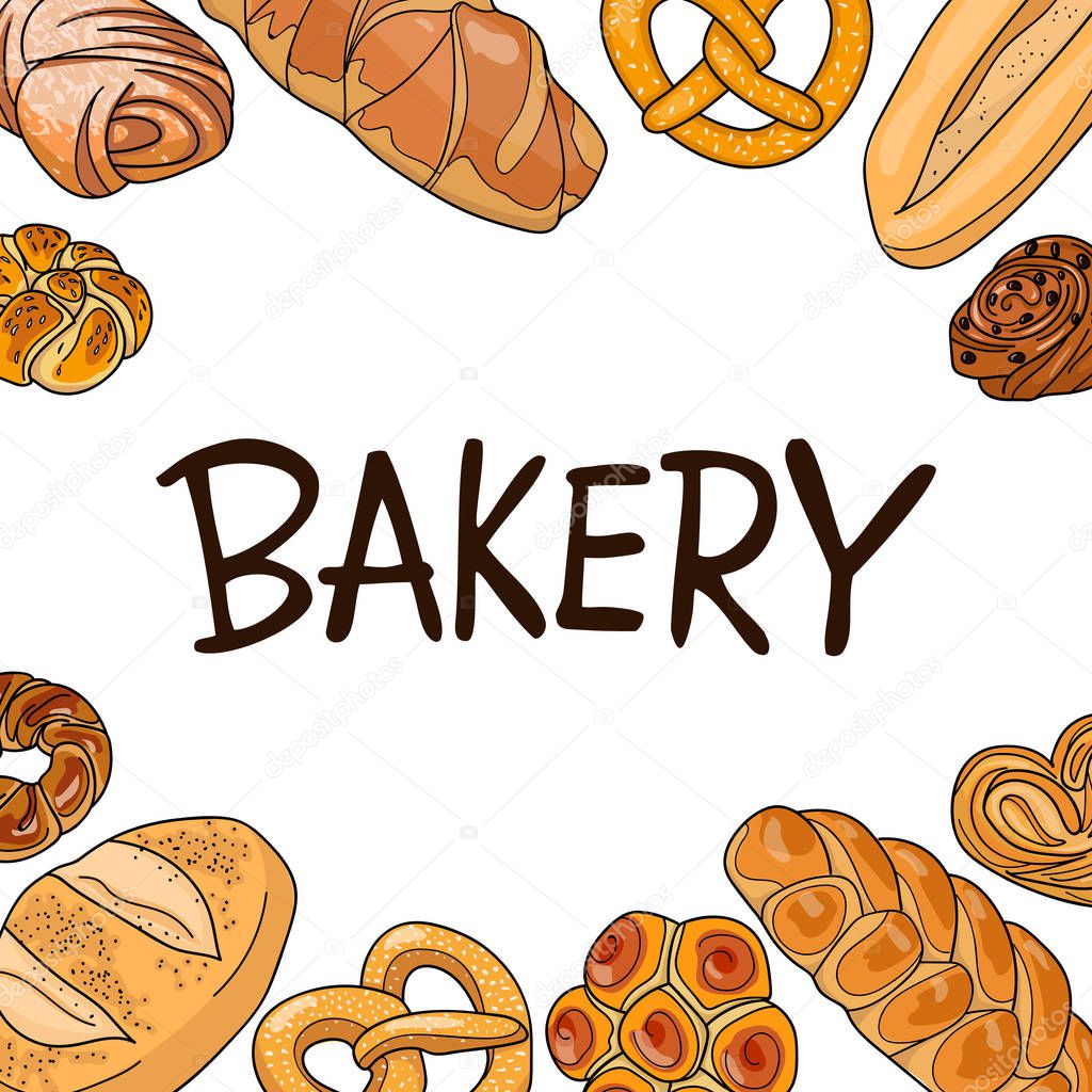 Decor for a shop or cafe with pastries, bread, baking. Bakery store, bread house, handwritten illustration with lettering. Signboard, vector