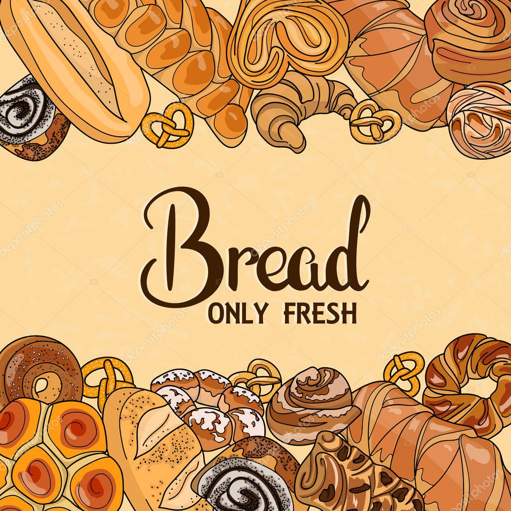 Decor for a shop or cafe with pastries, bread, baking. Bakery store, bread house, handwritten illustration with lettering. Signboard, vector