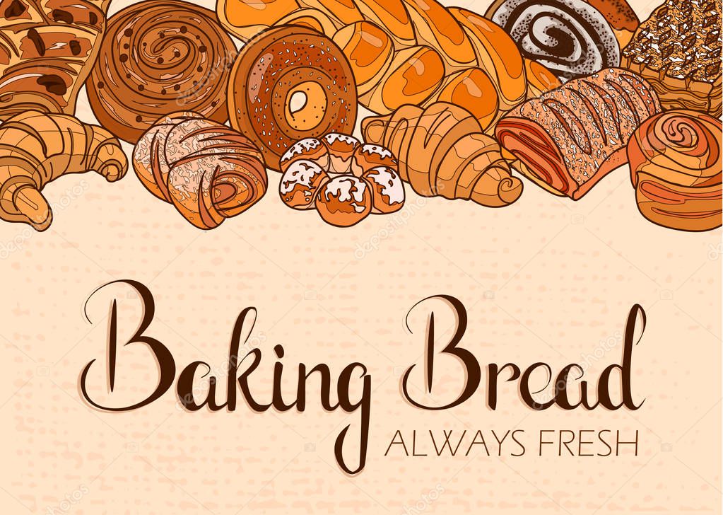 Decor for a shop or cafe with pastries, bread, baking. Bakery store, bread house, handwritten illustration with lettering. Signboard, vector
