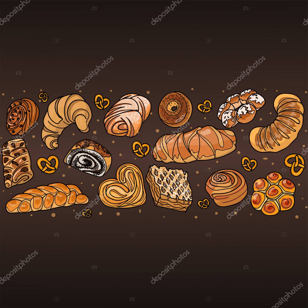 Decor for a shop or cafe with pastries, bread, baking. Bakery store, bread house, handwritten illustration with lettering. Signboard, vector