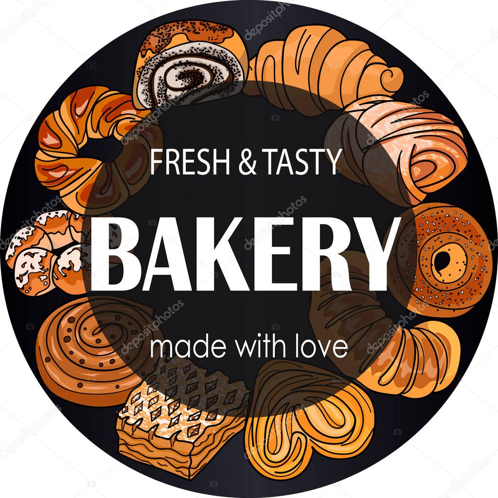 Decor for a shop or cafe with pastries, bread, baking. Bakery store, bread house, handwritten illustration with lettering. Signboard, vector