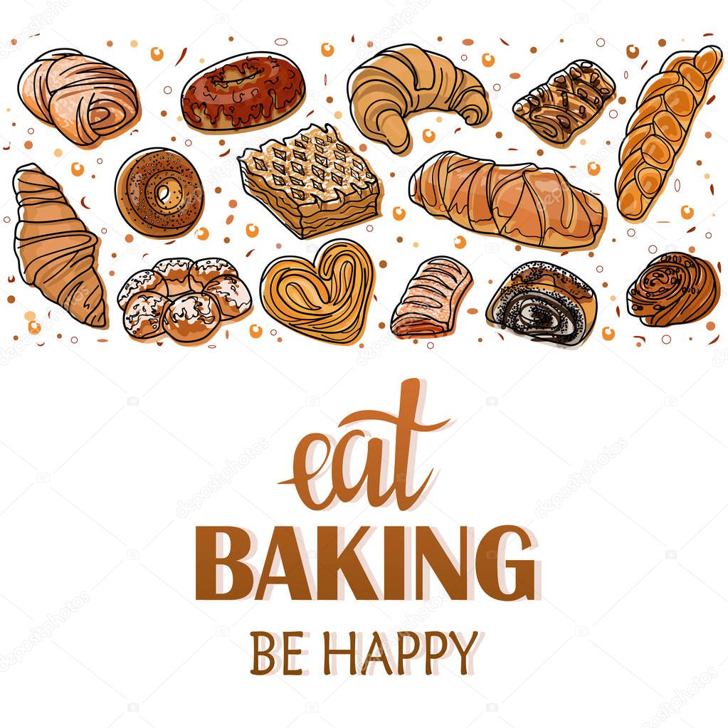 Decor for a shop or cafe with pastries, bread, baking. Bakery store, bread house, handwritten illustration with lettering. Signboard, vector