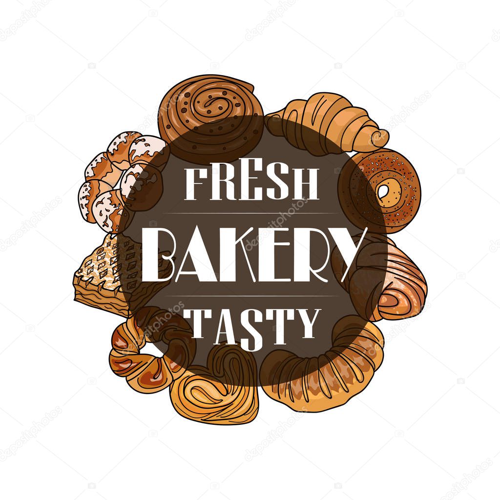 Decor for a shop or cafe with pastries, bread, baking. Bakery store, bread house, handwritten illustration with lettering. vector