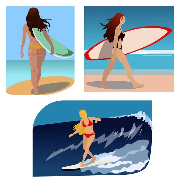 Surfer Meisjes Zomer Sport Zee Strand Zee Vectorillustratie — Stockvector