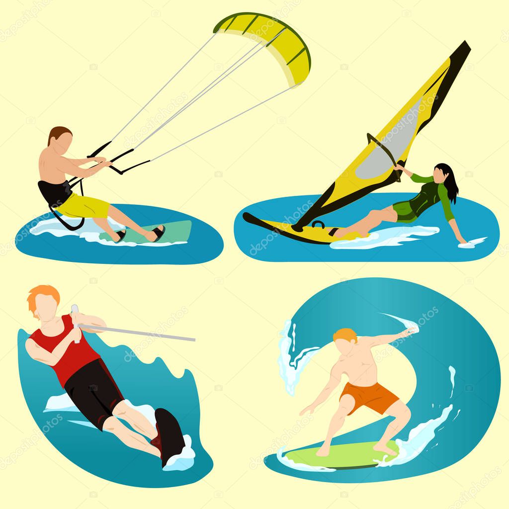 Surfing, sport, summer, relax, ocean, sea, beach, vector.