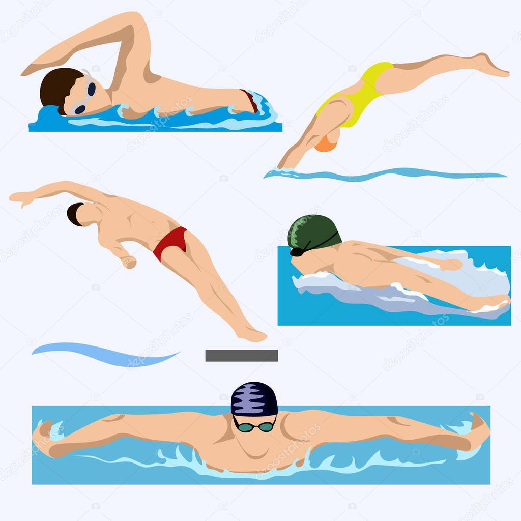 Swimmers in competition, swim, sport, vector. Summer, water, sea. EPS