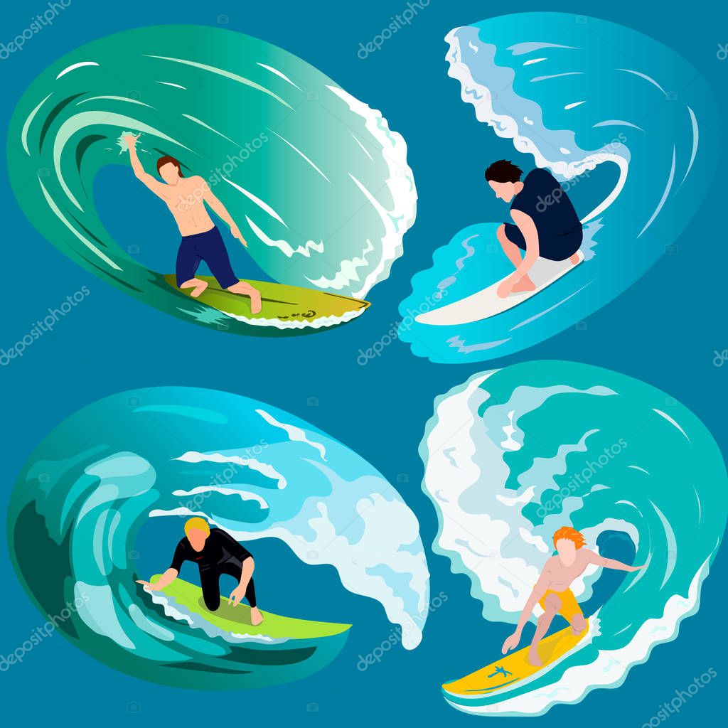 Surfing, sport, summer, relax, ocean, sea, beach, vector.