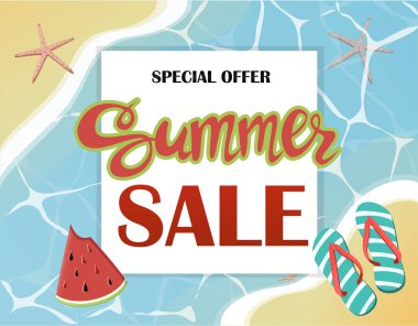 Yaz satış afiş, tabela, dekor deposu için. Özel fırsat. Arka plan, vektör.