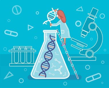 Genom sıralama, Dna, Dna araştırma, bilim laboratuarında, tıp, çizimde, vektör.