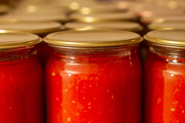 Homemade Tomato Juice Sauce Glass Jars Closeup Selective Focus — Stock Photo, Image